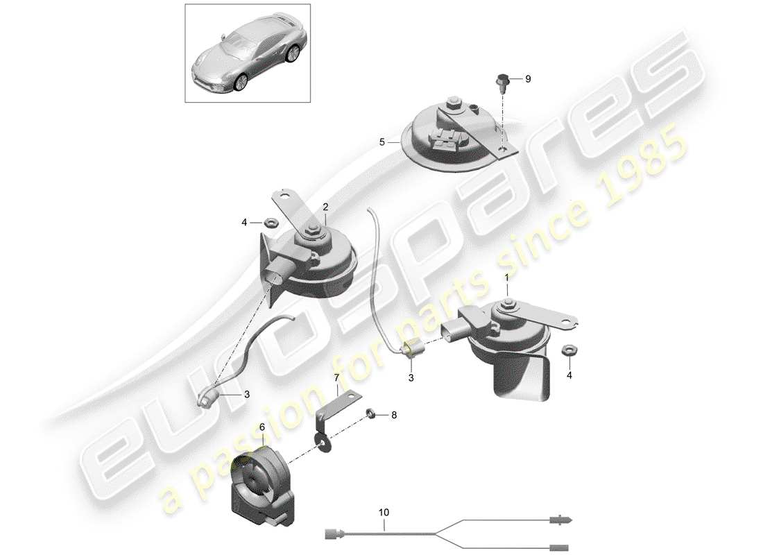porsche 991 turbo (2018) diagrama de piezas de la bocina de fanfaria