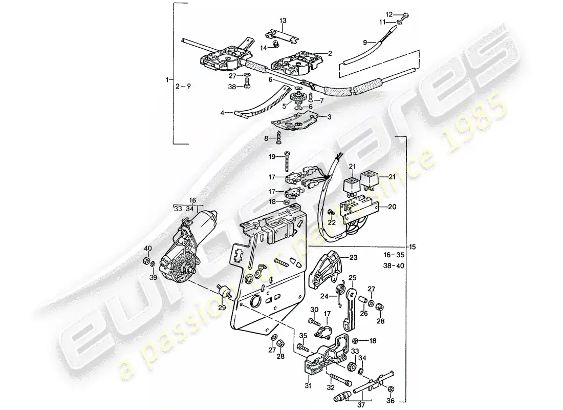 porsche 1990 (944) techo elevable - mecanismo de conducción diagrama de piezas