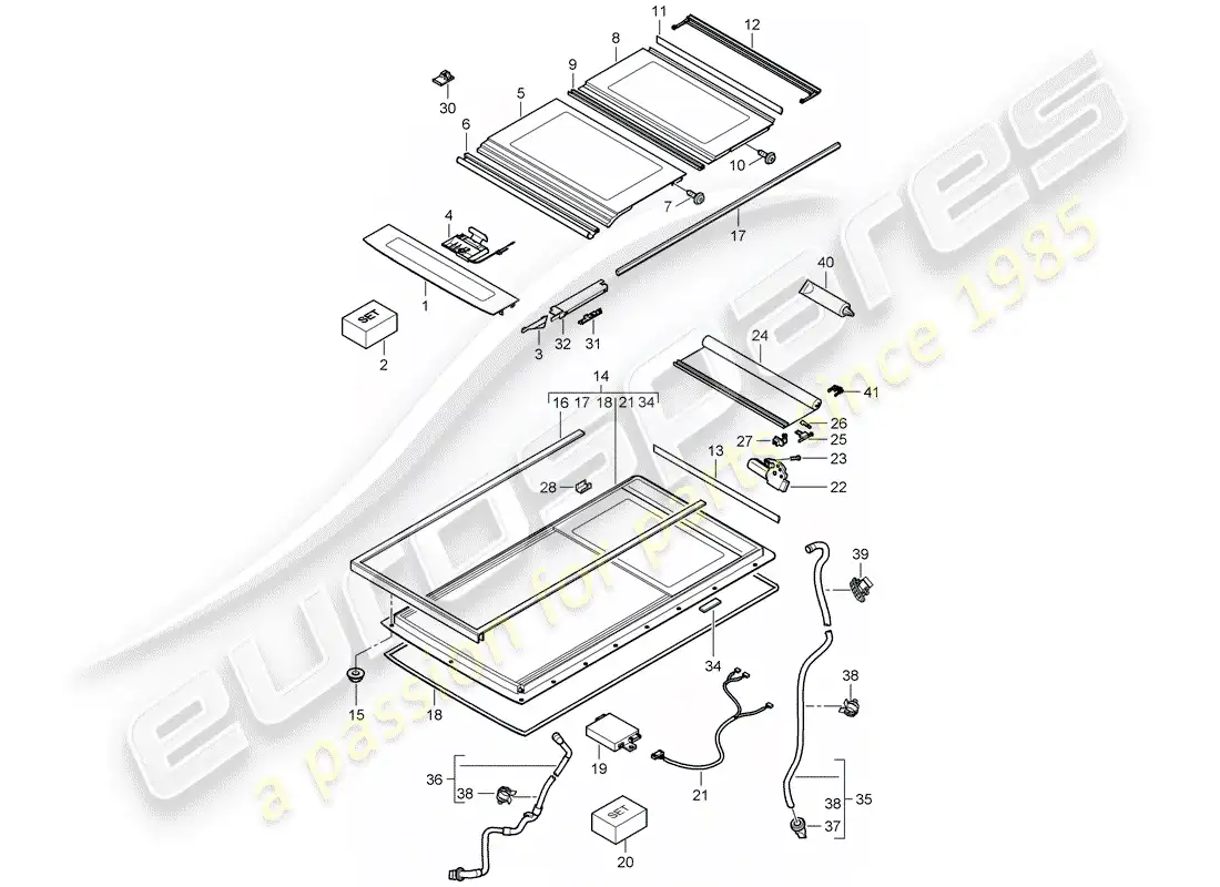 porsche 2005 (cayenne e1 9pa) techo de cristal diagrama de piezas