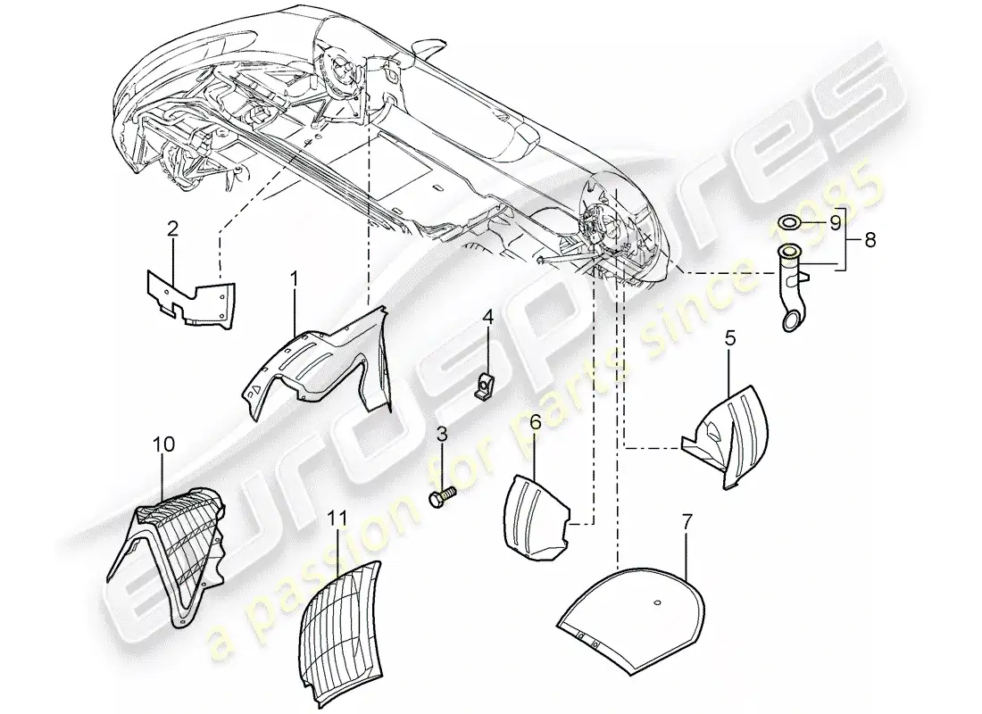 porsche 2005 (carrera gt) diagrama de piezas del protector de la caseta de timón