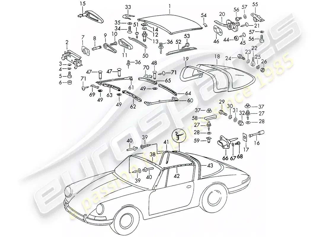 porsche 1973 (911) techo diagrama de piezas