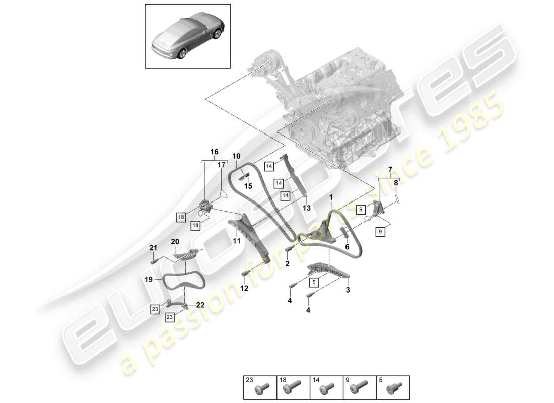 porsche 2021 (panamera 971-1) tensor de cadena del riel deslizante de la cadena de distribución diagrama de piezas