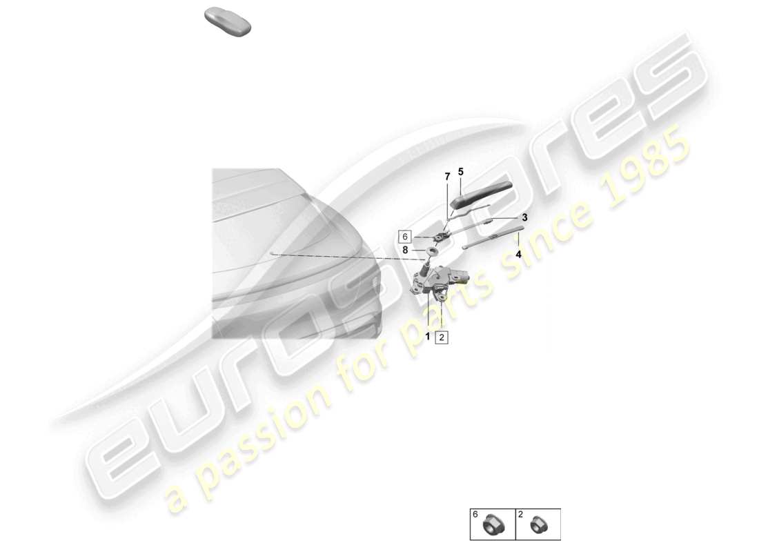 porsche 2026 (taycan 9j1-2) diagrama de piezas del sistema de limpiaparabrisas y arandela de la ventana trasera