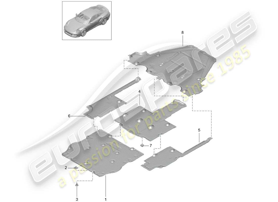 porsche 991 turbo (2018) diagrama de piezas del recubrimiento de bajos