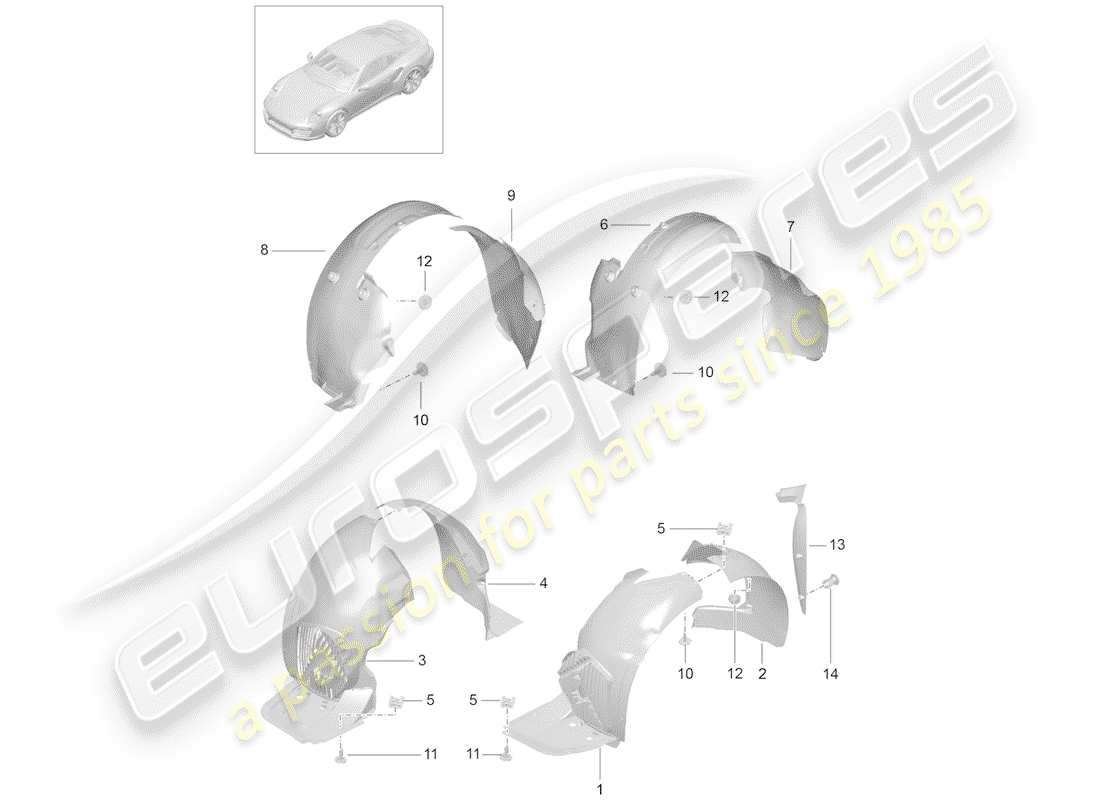 porsche 991 turbo (2018) diagrama de piezas del protector de la caseta de timón