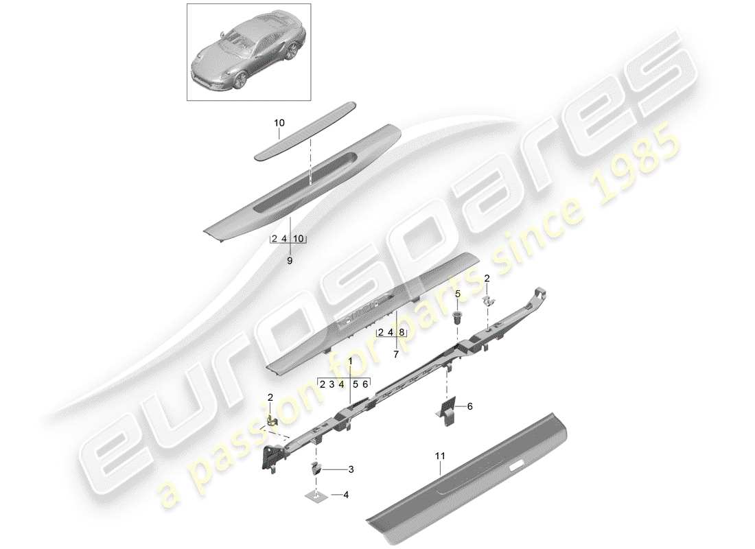 porsche 991 turbo (2018) diagrama de piezas del revestimiento