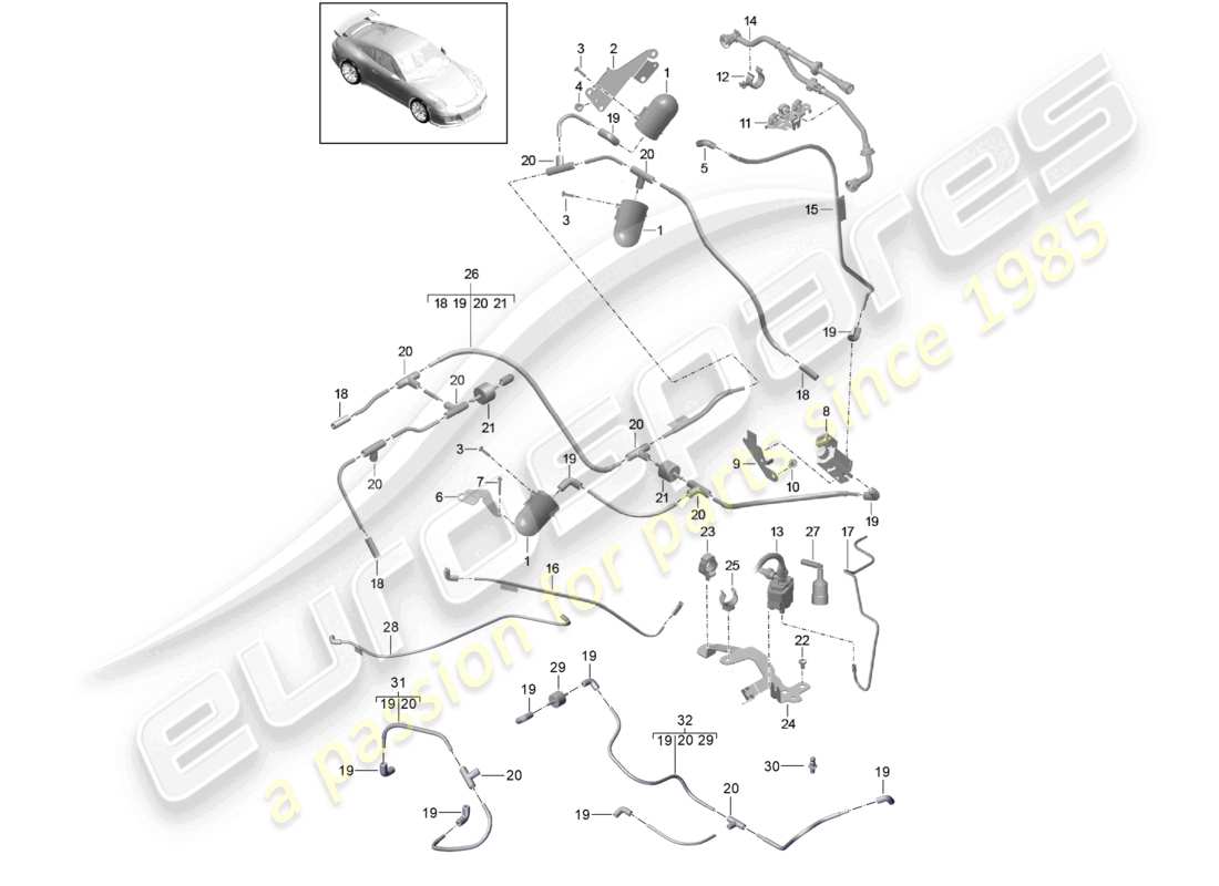 porsche 2021 (991-2 r/gt3/rs) diagrama de partes del motor del sistema de vacío