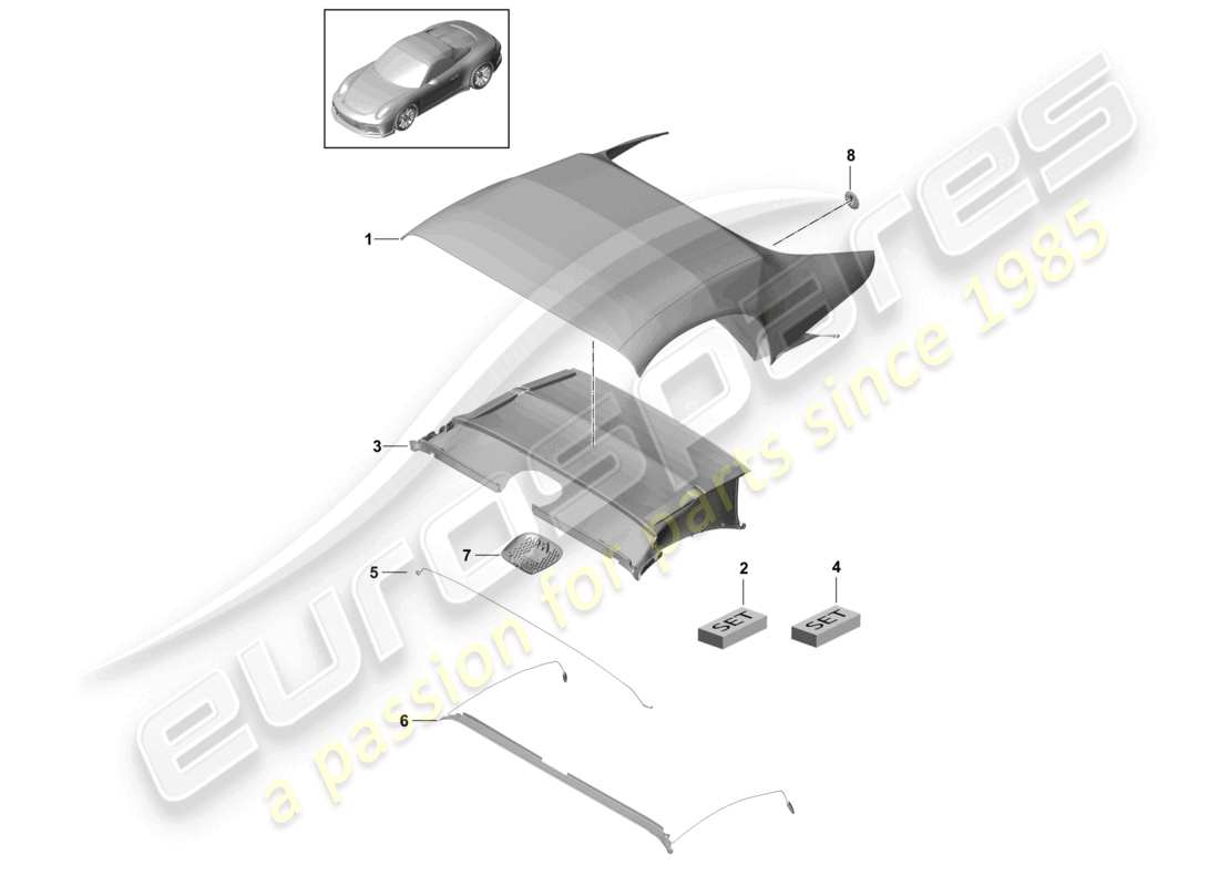 porsche 2021 (991-2 r/gt3/rs) diagrama de piezas del revestimiento del techo convertible
