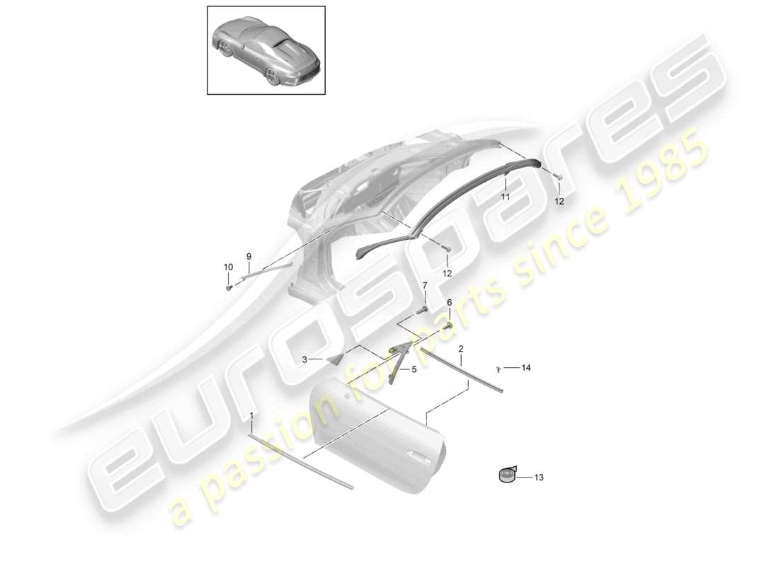 porsche 2021 (991-2 r/gt3/rs) diagrama de piezas del sello de la puerta y la moldura