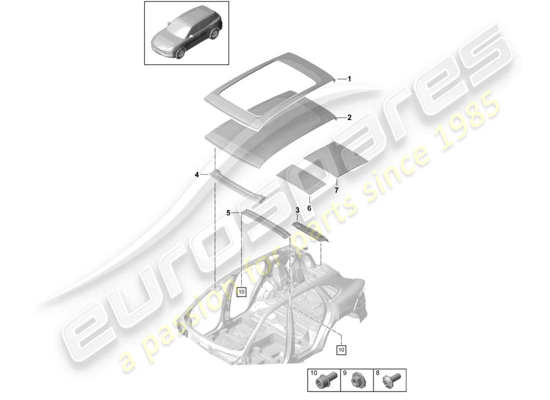 porsche 2023 (cayenne e3 9ya/9yb) diagrama de piezas de la trampilla del techo