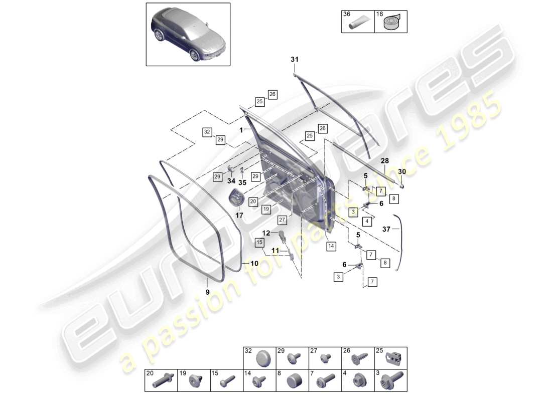 porsche 2023 (cayenne e3 9ya/9yb) diagrama de piezas del coupé de juntas de la carcasa de la puerta delantera