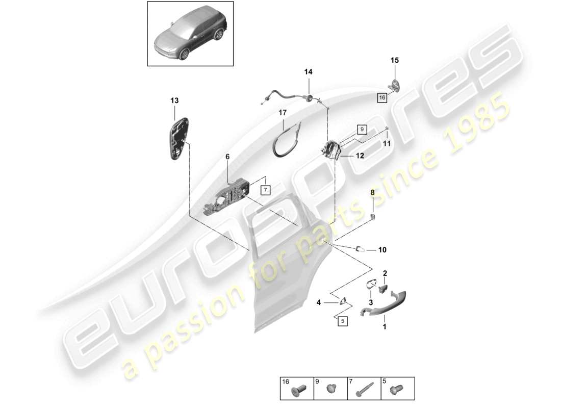 porsche 2023 (cayenne e3 9ya/9yb) manija de la puerta, diagrama de piezas de la cerradura de la puerta trasera exterior