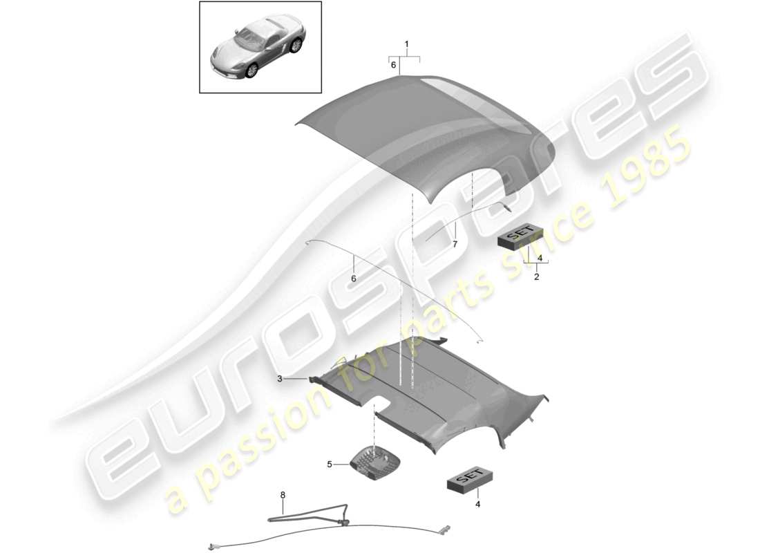 porsche 2023 (718 boxster) diagrama de piezas del revestimiento del techo moldeado de la capota convertible
