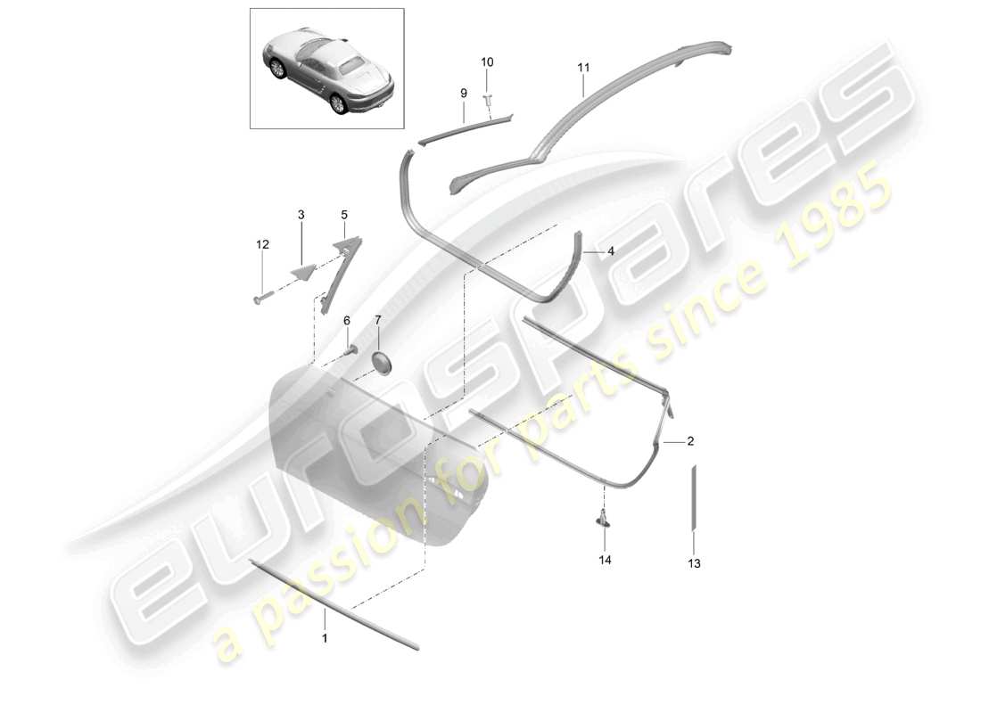 porsche 2023 (718 boxster) diagrama de piezas del sello de la puerta y la moldura
