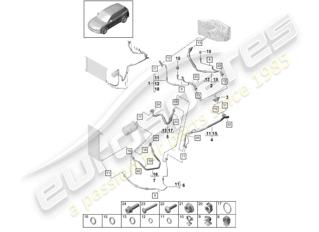 porsche 2022 (cayenne e3 9ya/9yb) diagrama de piezas de la línea de refrigerante del aire acondicionado v8 r1234yf