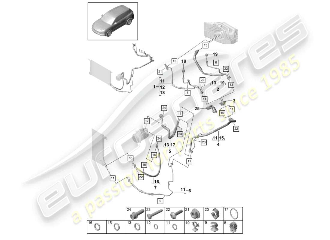 porsche 2022 (cayenne e3 9ya/9yb) diagrama de piezas de la línea de refrigerante del aire acondicionado v6 r134a