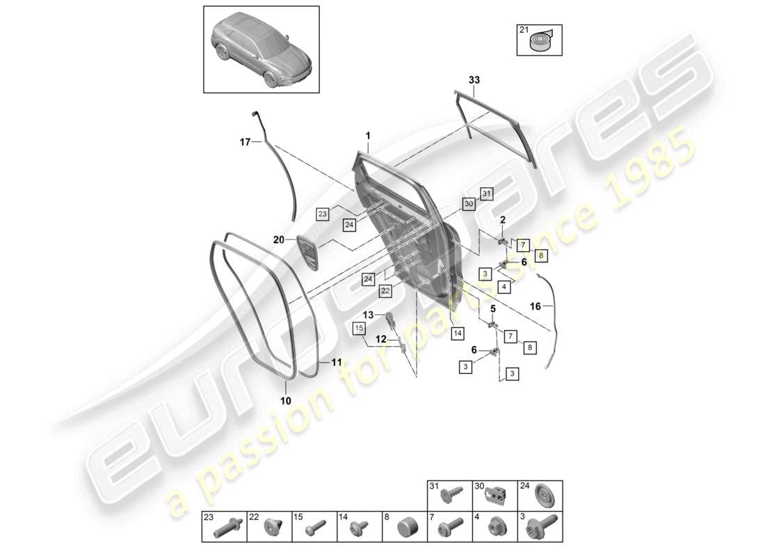 porsche 2022 (cayenne e3 9ya/9yb) diagrama de piezas de juntas de la carcasa de la puerta trasera