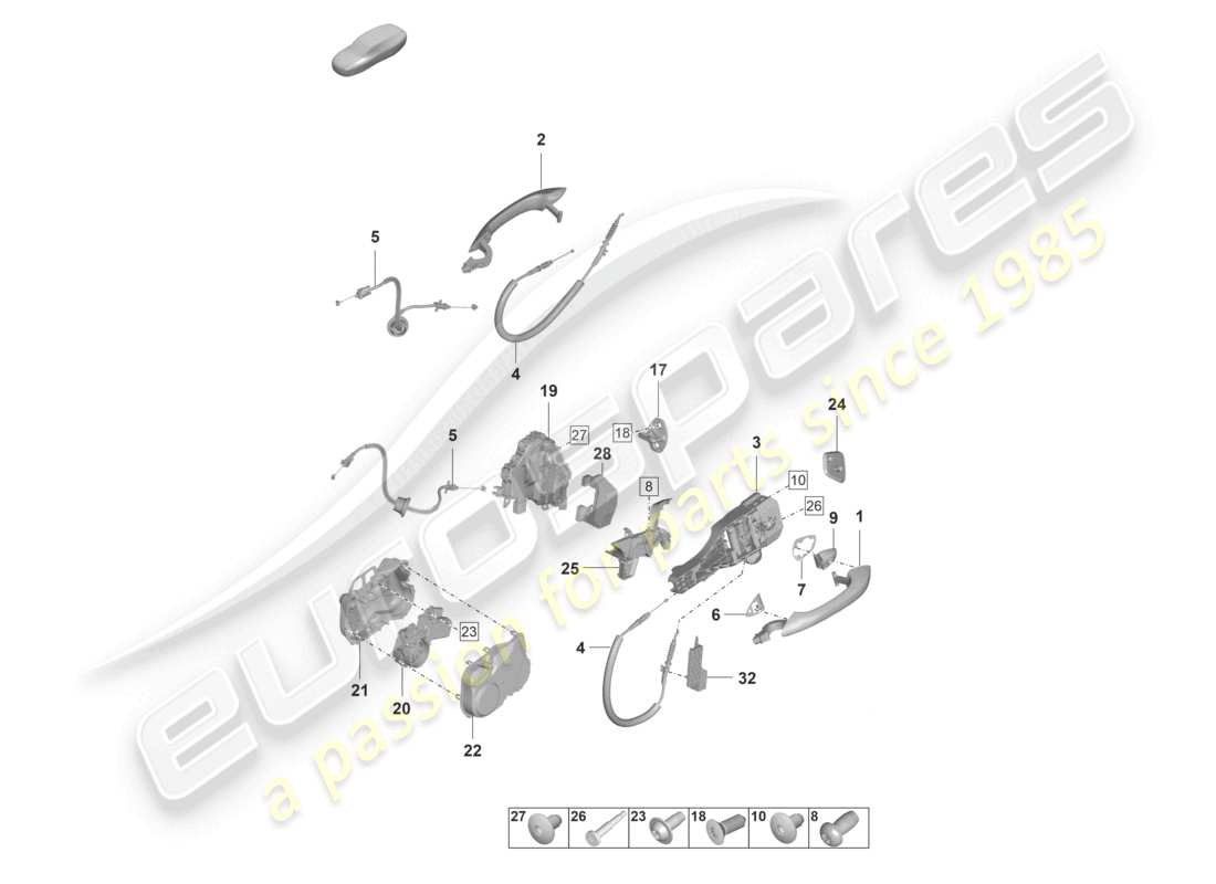 porsche 2022 (panamera 971-2) manija de la puerta, diagrama de piezas de la cerradura de la puerta delantera exterior