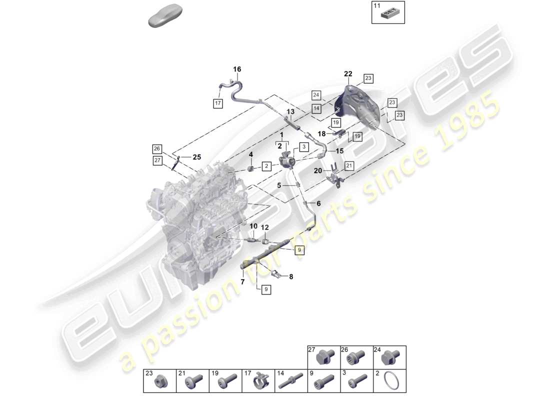 porsche 2024 (cayenne e3 pa) diagrama de piezas de la tubería de recolección de combustible, inyector de alta presión, bomba de alta presión, línea de combustible