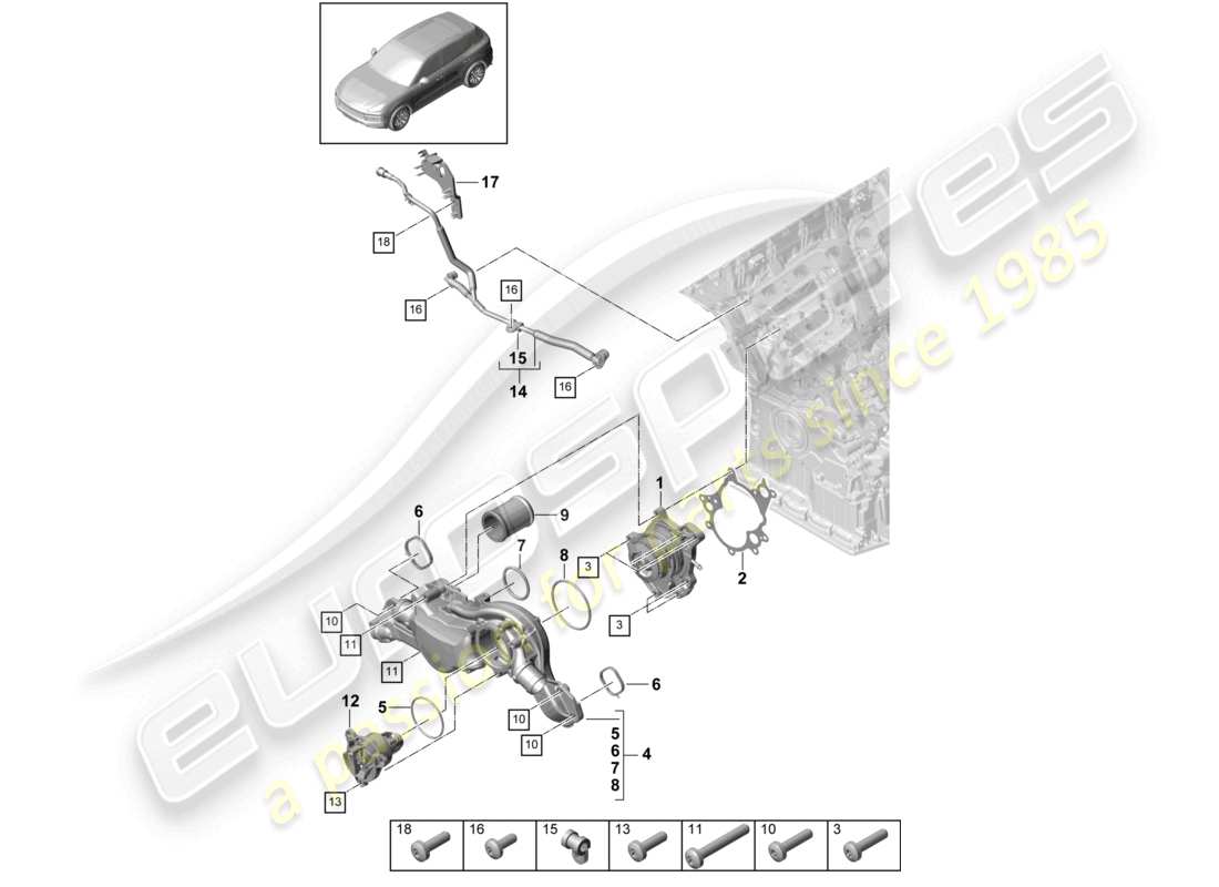 porsche 2022 (cayenne e3 9ya/9yb) diagrama de piezas de la línea de ventilación de la carcasa del termostato de la bomba de refrigerante
