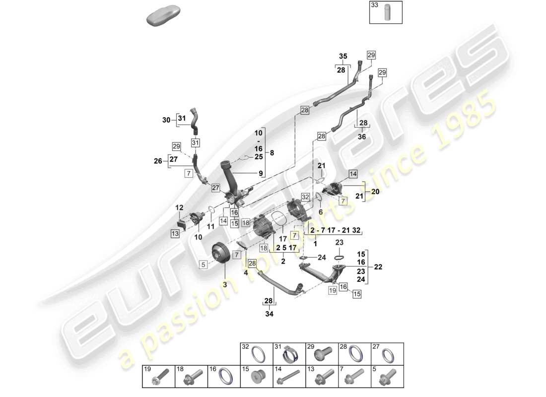 porsche 2024 (992-2) diagrama de piezas de la carcasa del termostato del termostato de la bomba de refrigerante