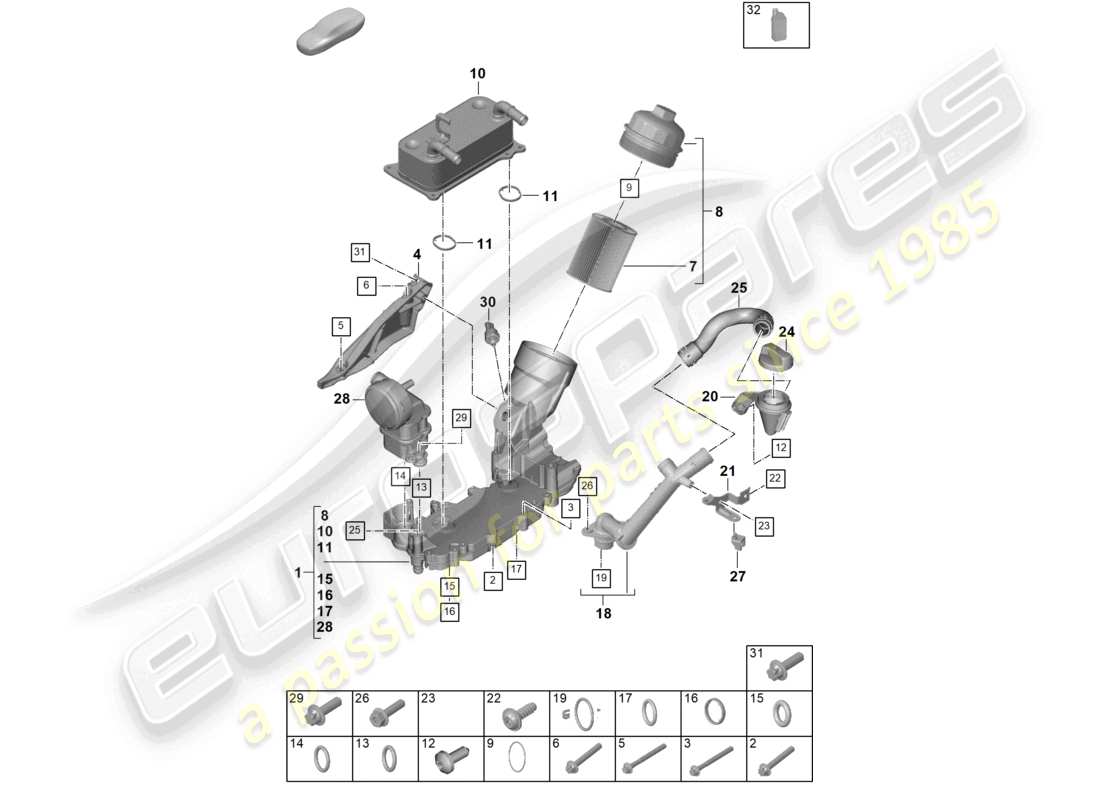 porsche 2024 (992-2) diagrama de piezas del filtro de aceite de la consola del aceite del motor