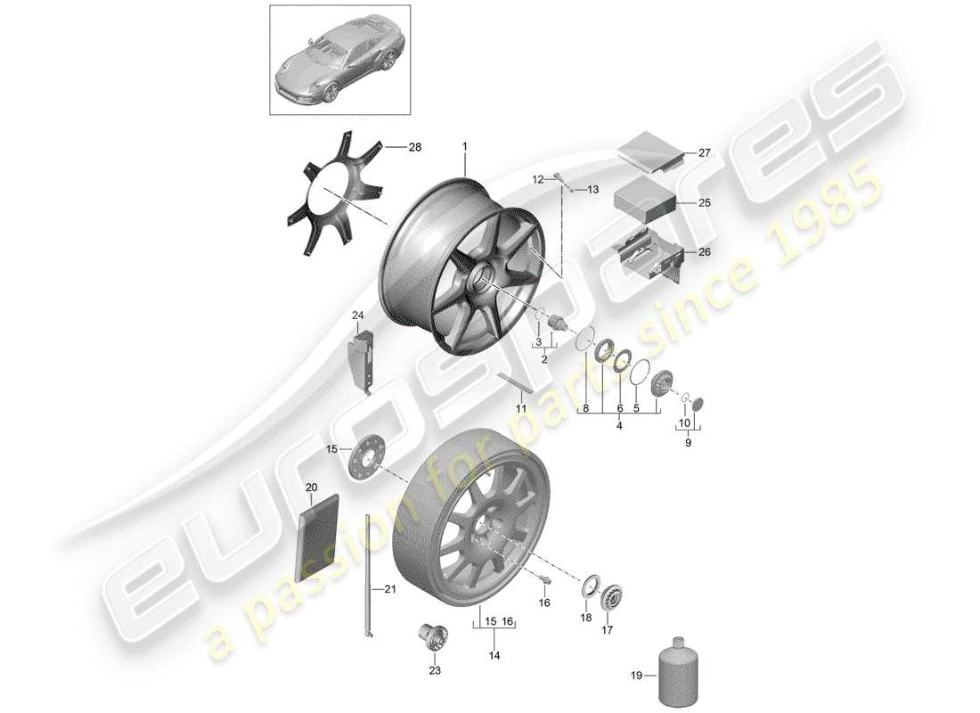 porsche 2018 (991-2 turbo) rueda de aleación diagrama de piezas