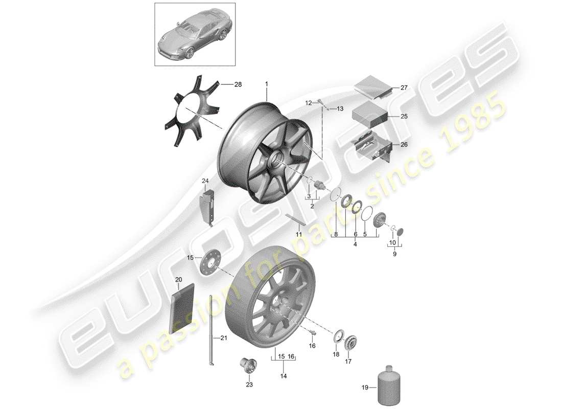 porsche 991 turbo (2018) diagrama de piezas de la rueda de aleación