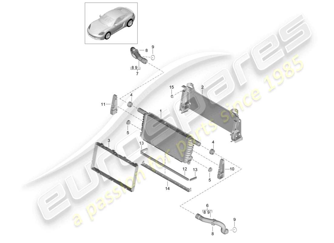 porsche 2024 (718 cayman) diagrama de piezas del enfriador del centro del refrigerante