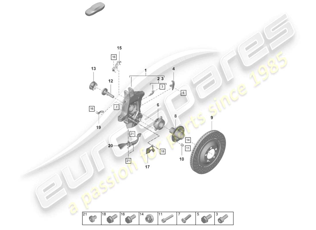 porsche 2021 (992-1 gt3/rs/st) diagrama de piezas del cubo de la rueda del soporte de la rueda