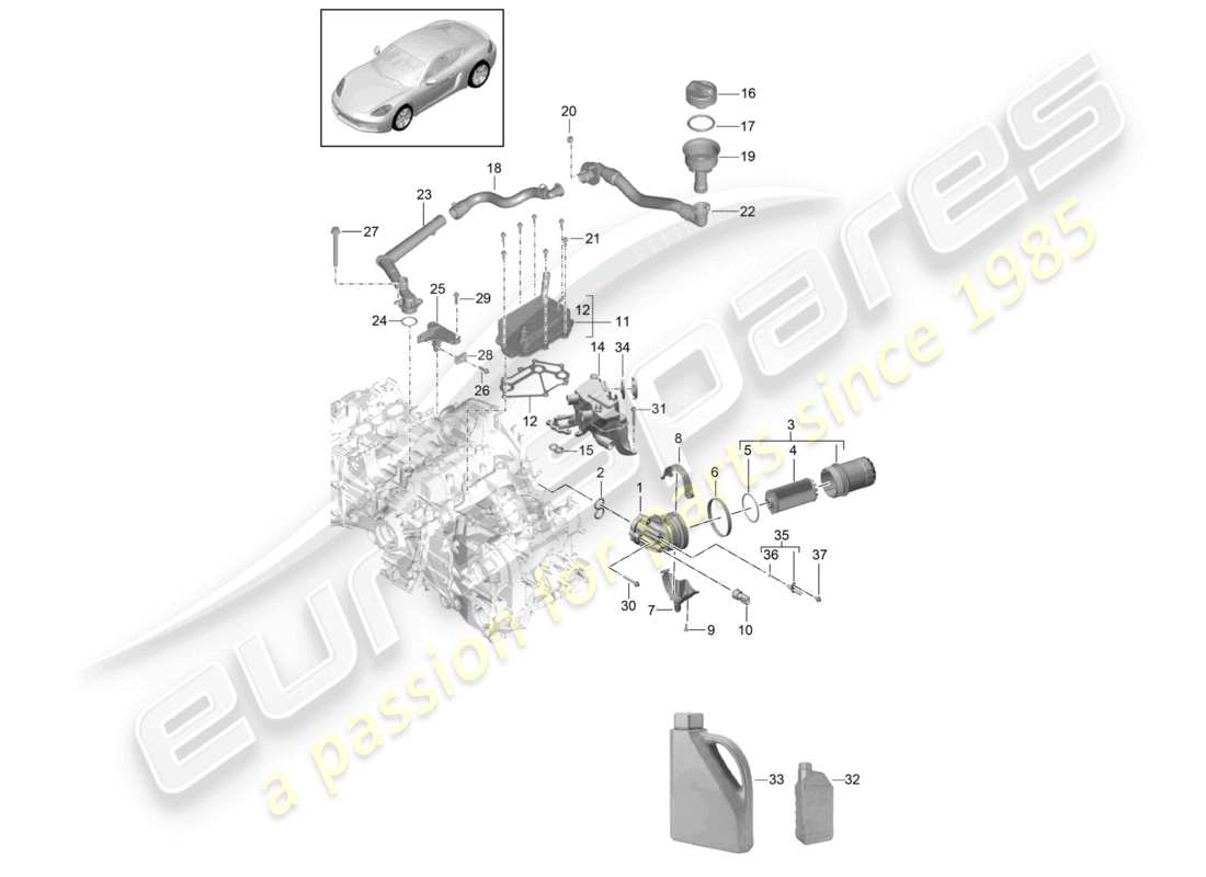 porsche 2025 (718 cayman) diagrama de piezas del intercambiador de calor del tubo de llenado de aceite del filtro de aceite del motor (prensa de aceite/lubricación)