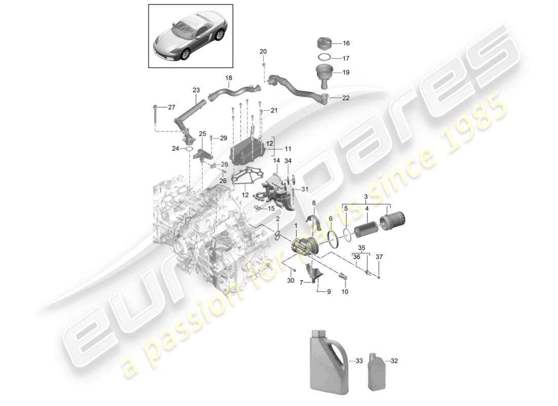 porsche 2021 (718 boxster) diagrama de piezas del intercambiador de calor del tubo de llenado de aceite del filtro de aceite del motor (prensa de aceite/lubricación)