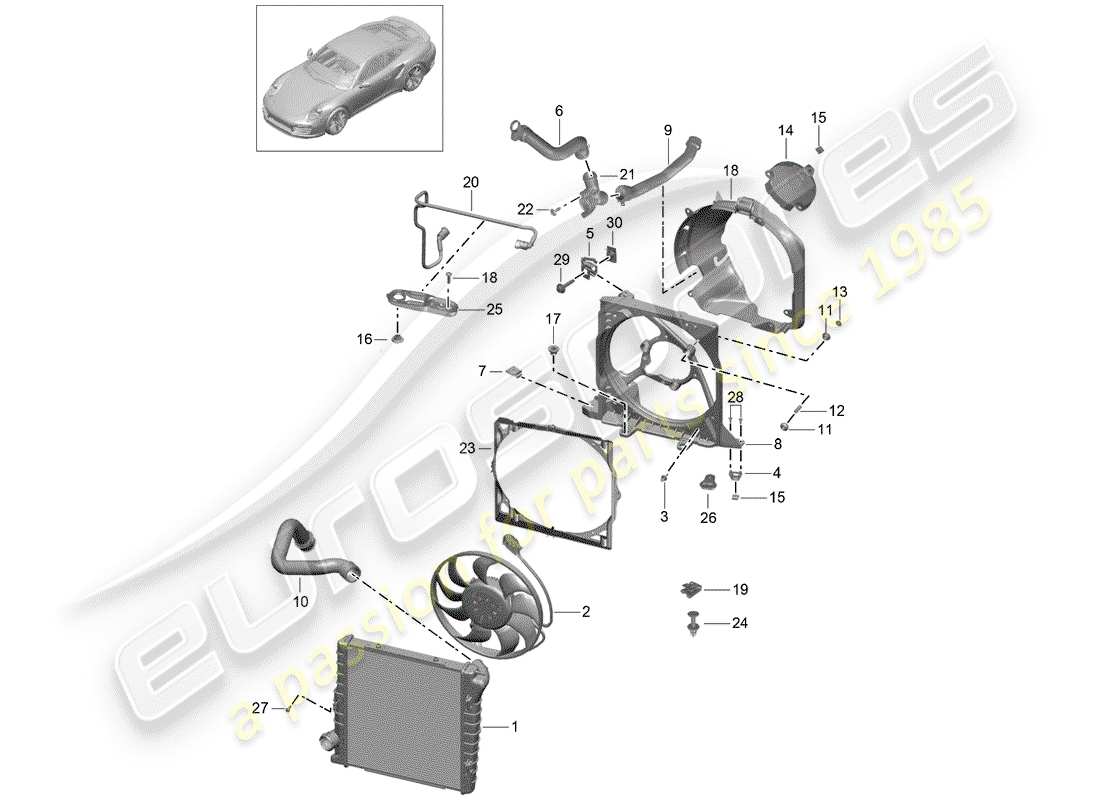 porsche 991 turbo (2018) diagrama de piezas de refrigeración por agua