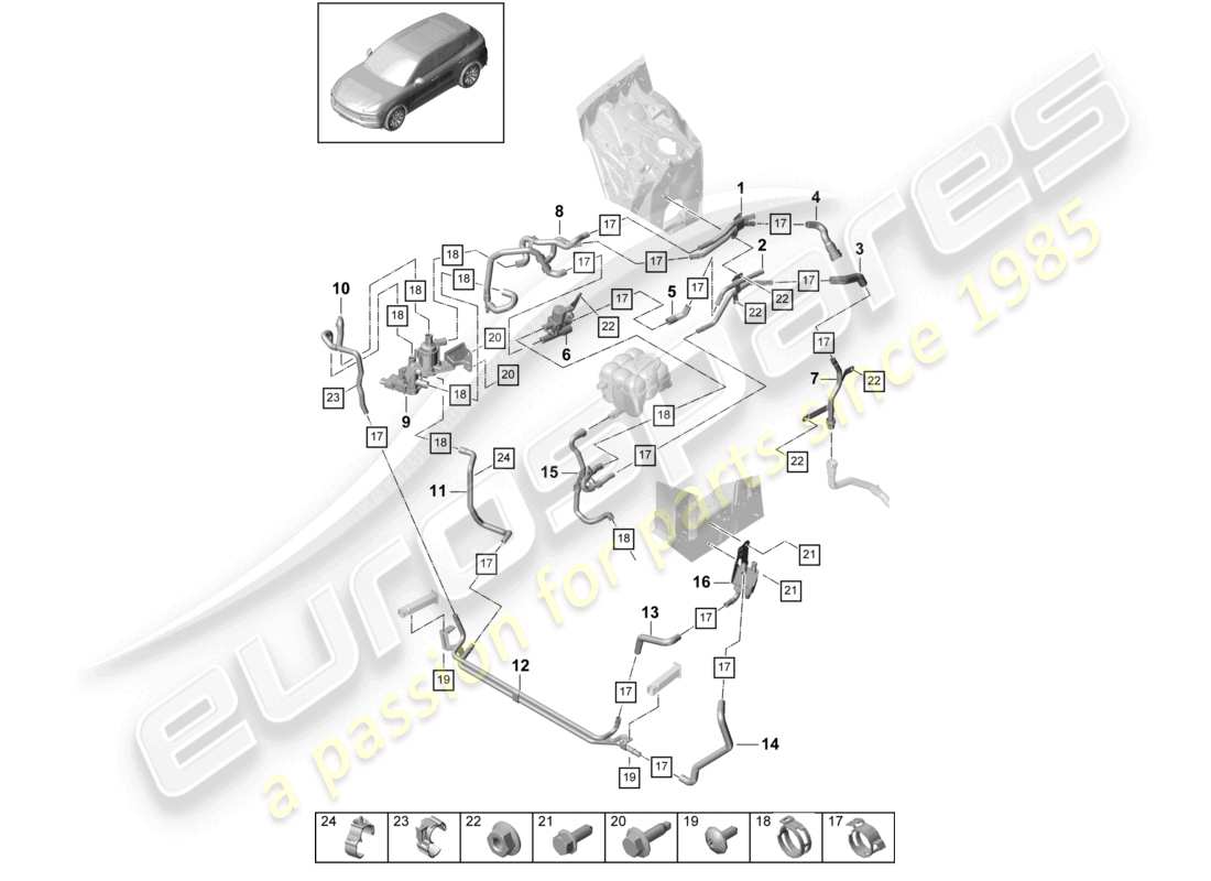 porsche 2022 (cayenne e3 9ya/9yb) calentador v6 circuito de alta temperatura delantero para vehículos con propulsión híbrida diagrama de piezas