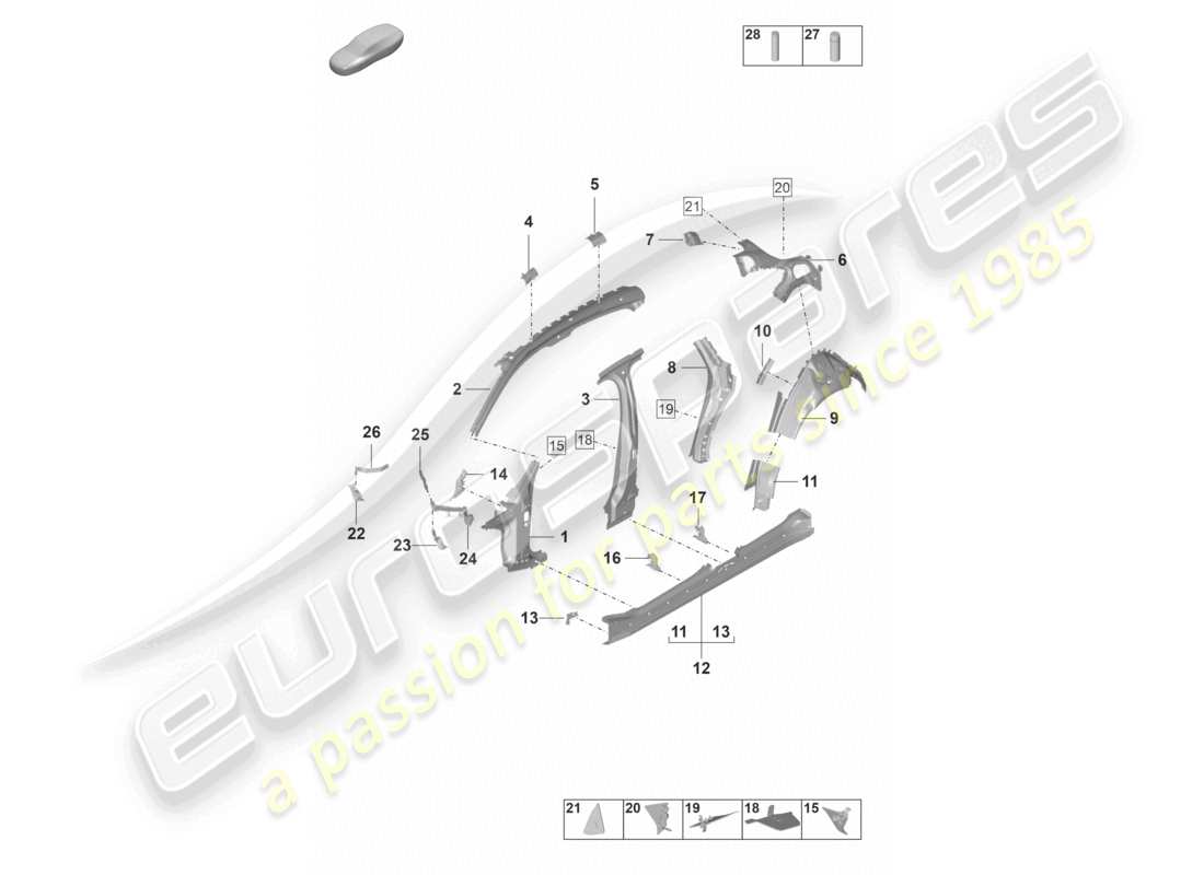 porsche 2022 (panamera 971-2) diagrama de la parte lateral interior y exterior