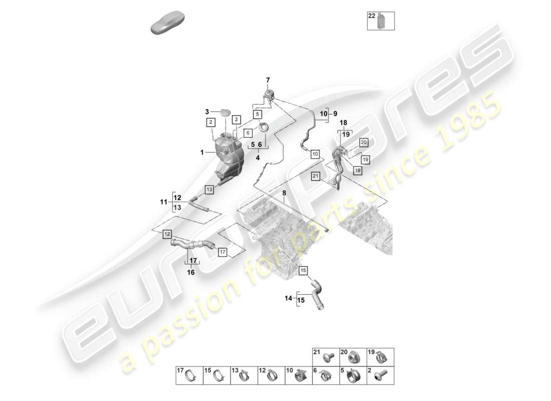 porsche 2022 (panamera 971-2) sistema de enfriamiento de refrigerante tanque de expansión de refrigerante línea de ventilación diagrama de piezas