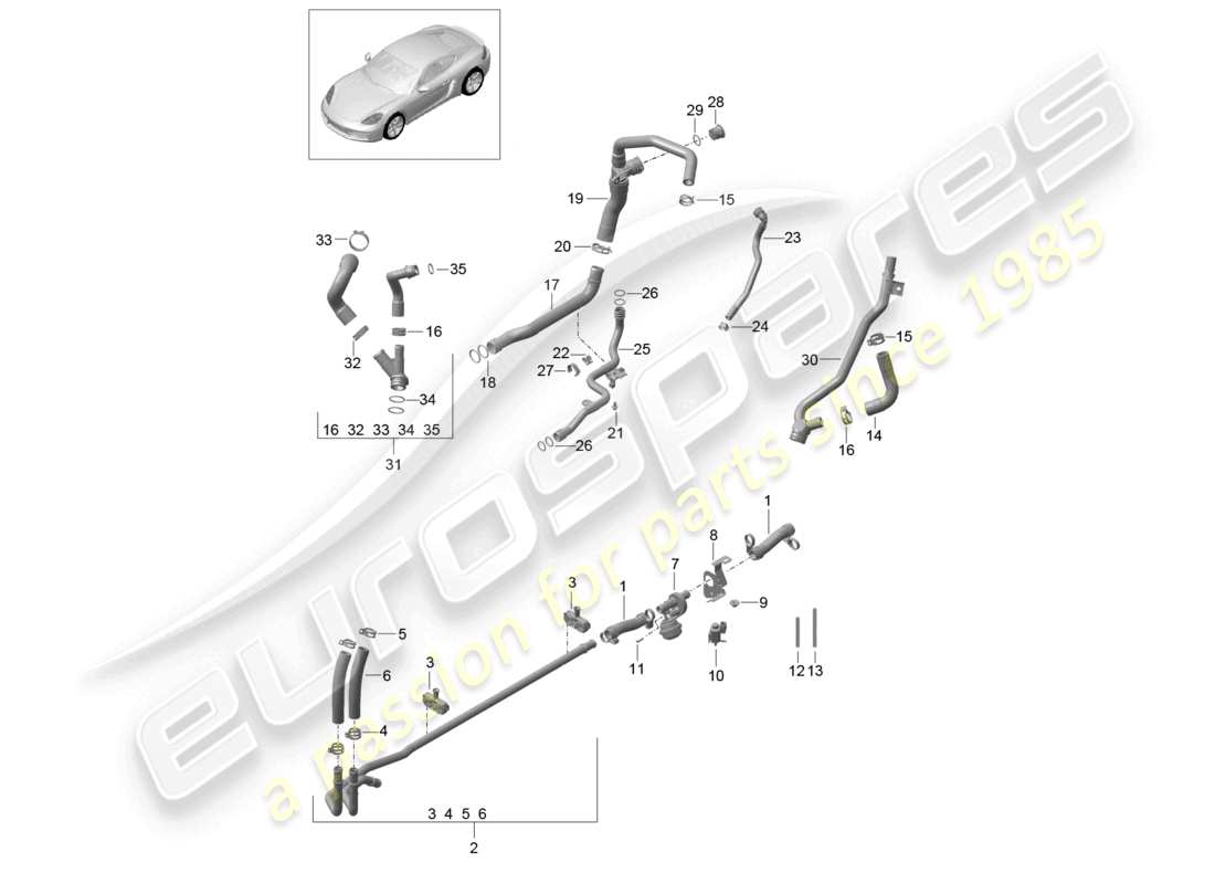 porsche 2024 (718 cayman) diagrama de piezas de la tubería de agua del sistema de enfriamiento del refrigerante