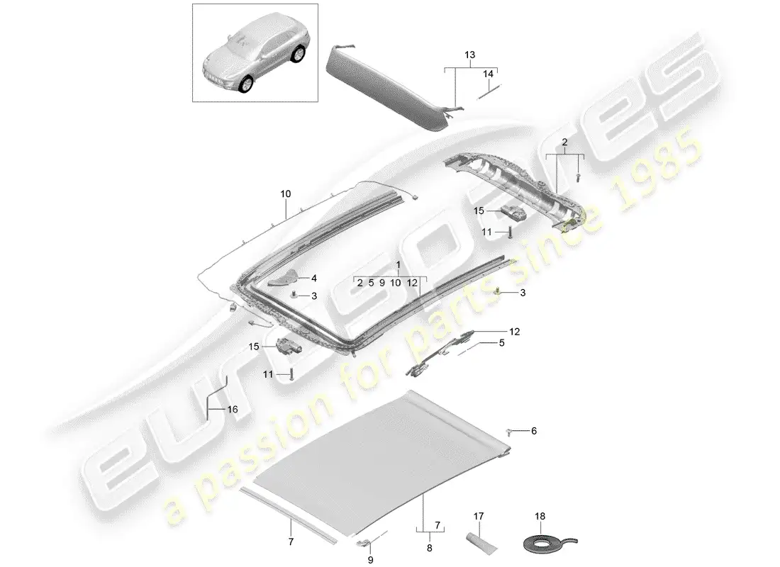 porsche 2016 (macan) techo de cristal diagrama de piezas