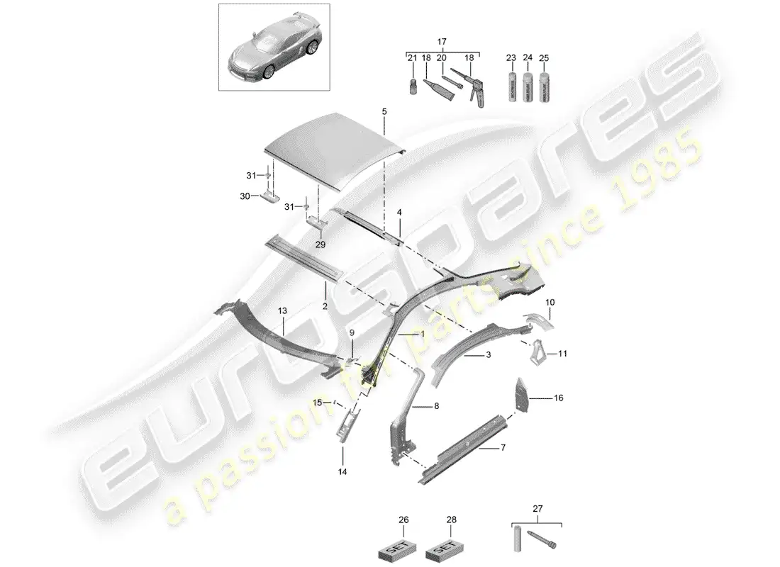 porsche 2016 (981 cayman gt4) diagrama de piezas del techo