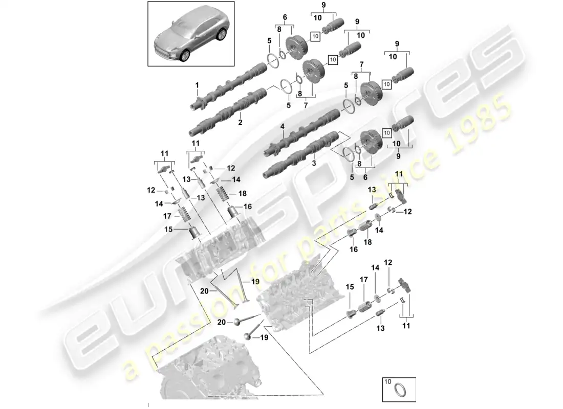 porsche 2020 (macan) árbol de levas, válvulas diagrama de piezas