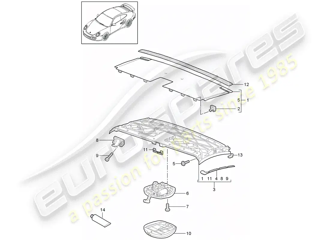 porsche 2008 (997-1 turbo / gt2) diagrama de piezas del marco superior