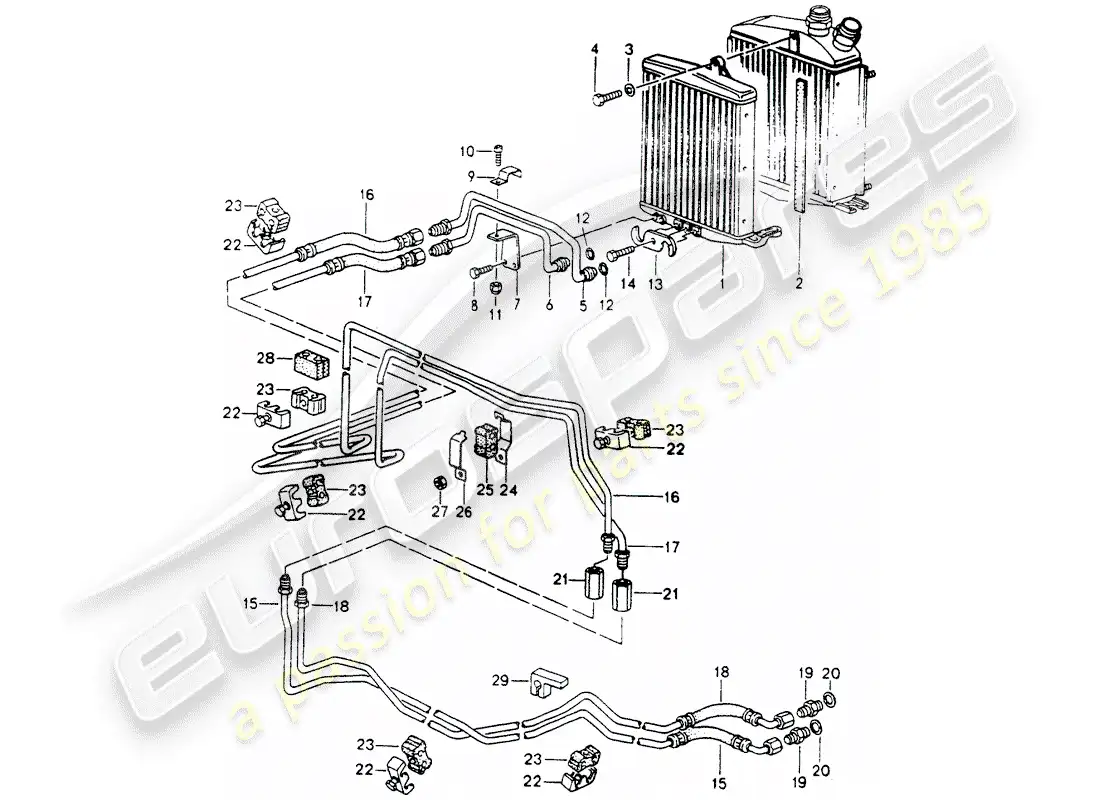 porsche 1991 (964) tiptronic - enfriador atf - líneas atf diagrama de piezas