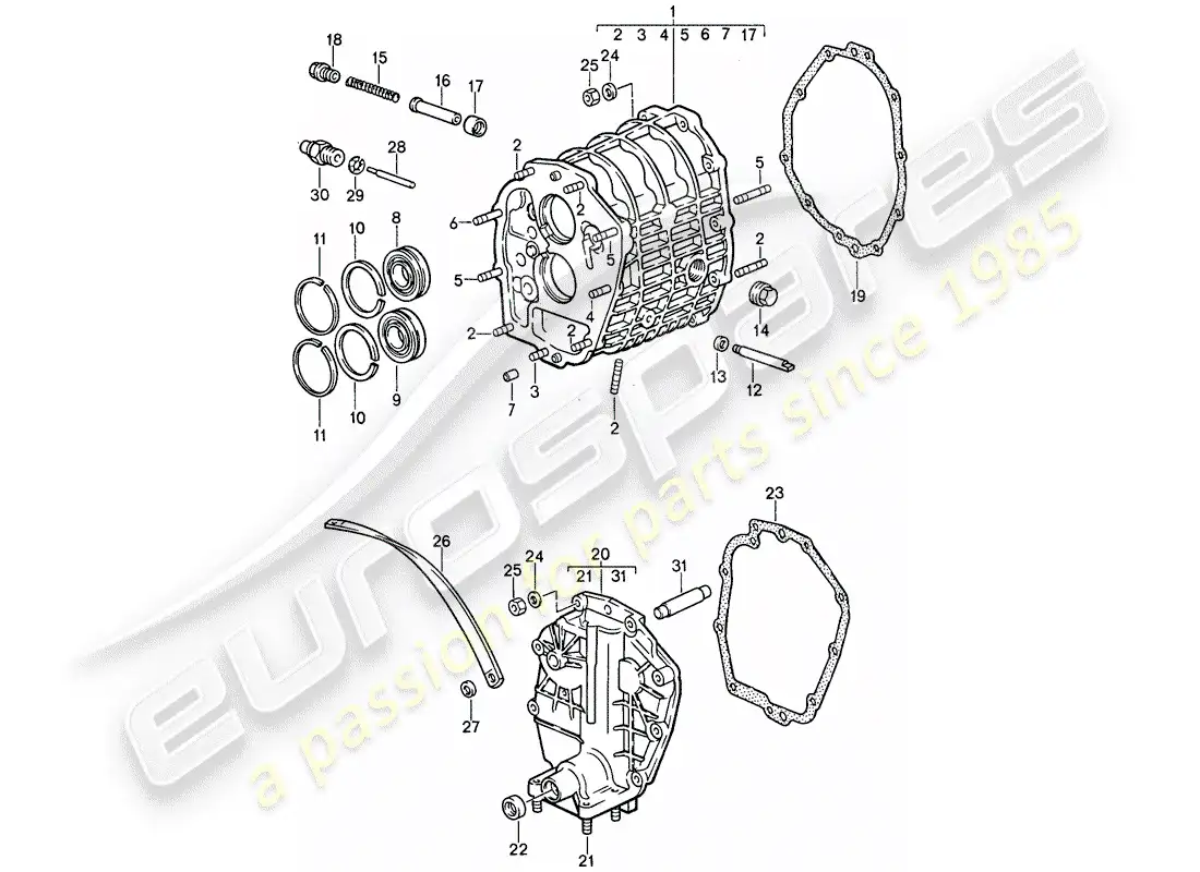 porsche 1987 (911) carcasa de engranajes - tapa de la transmisión diagrama de piezas