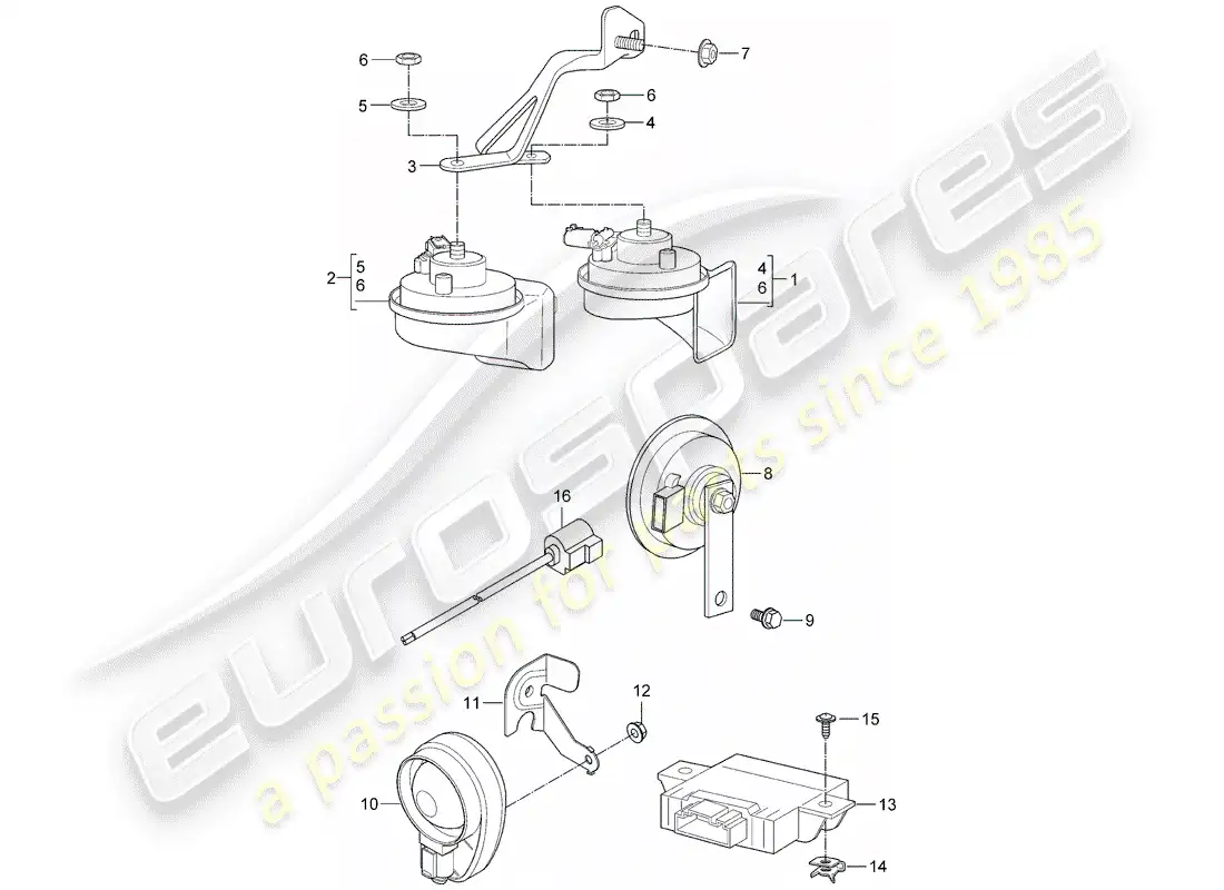 porsche 2011 (997-2 gt3) cuerno de fanfarria diagrama de piezas