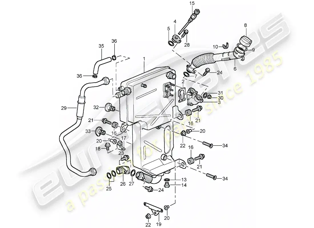 porsche 2004 (996 turbo / gt2) lubricación del motor - diagrama de piezas del tanque de aceite