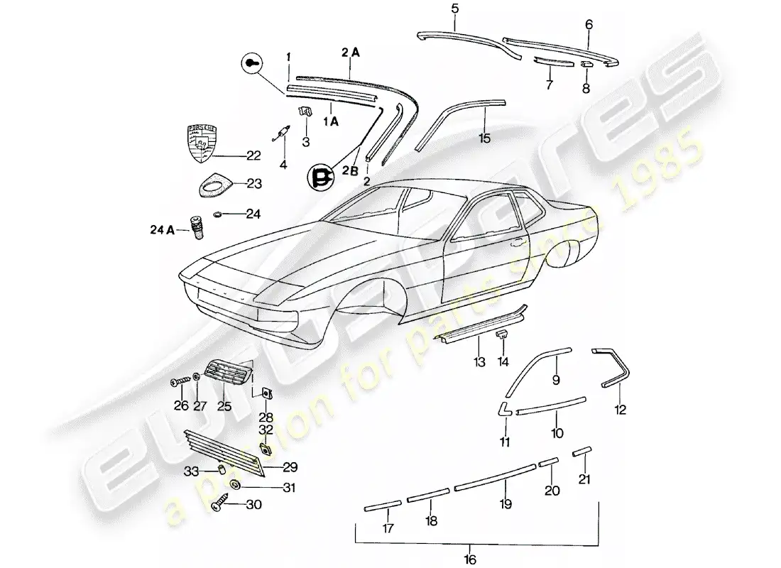 porsche 1985 (924) accesorios decorativos diagrama de piezas