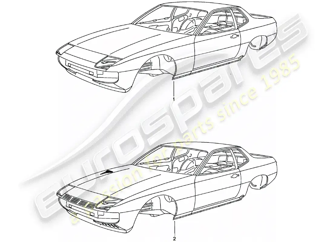 porsche 1985 (924) carrocería - imprimado - sellado - con: - protección de bajos - sólo carrocerías - solo disponible a partir del actual - modelo año disponible diagrama de piezas
