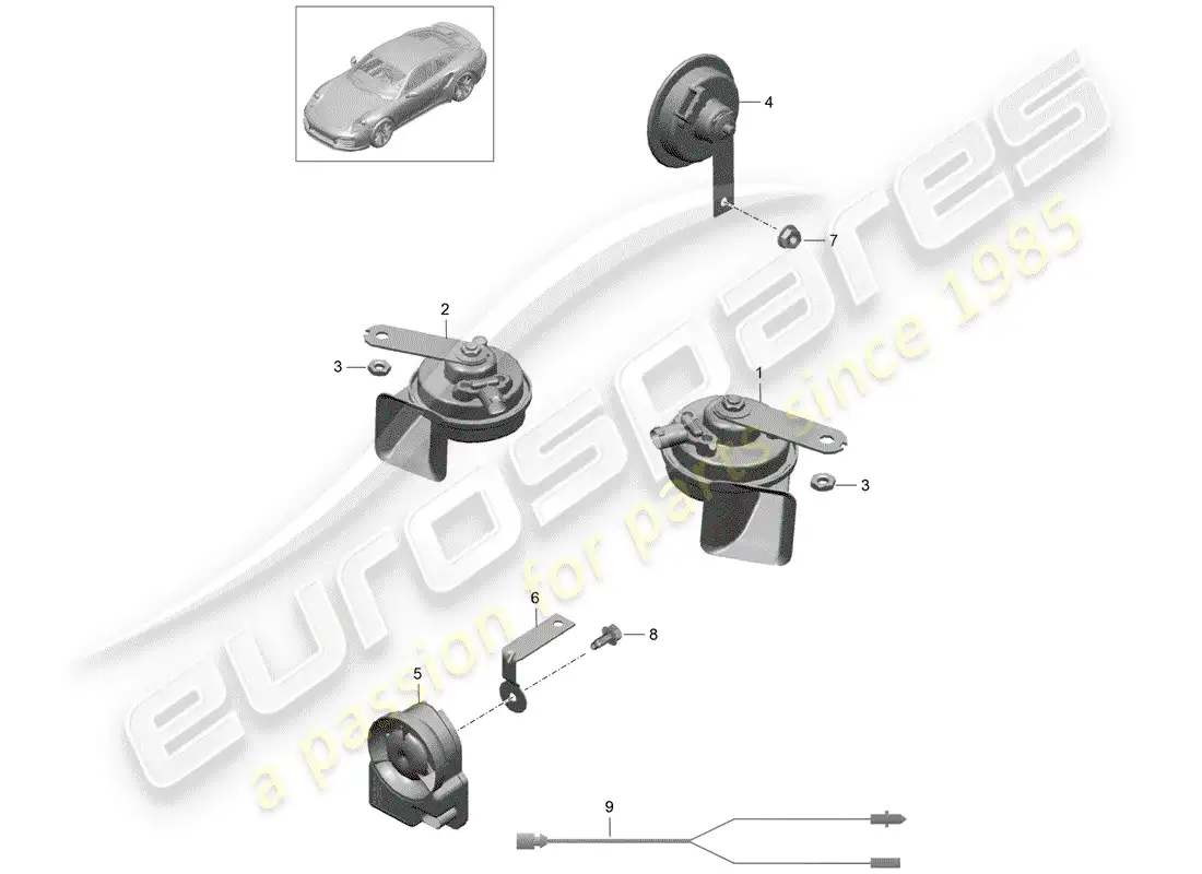 porsche 2014 (991-1 turbo) cuerno de fanfarria diagrama de piezas