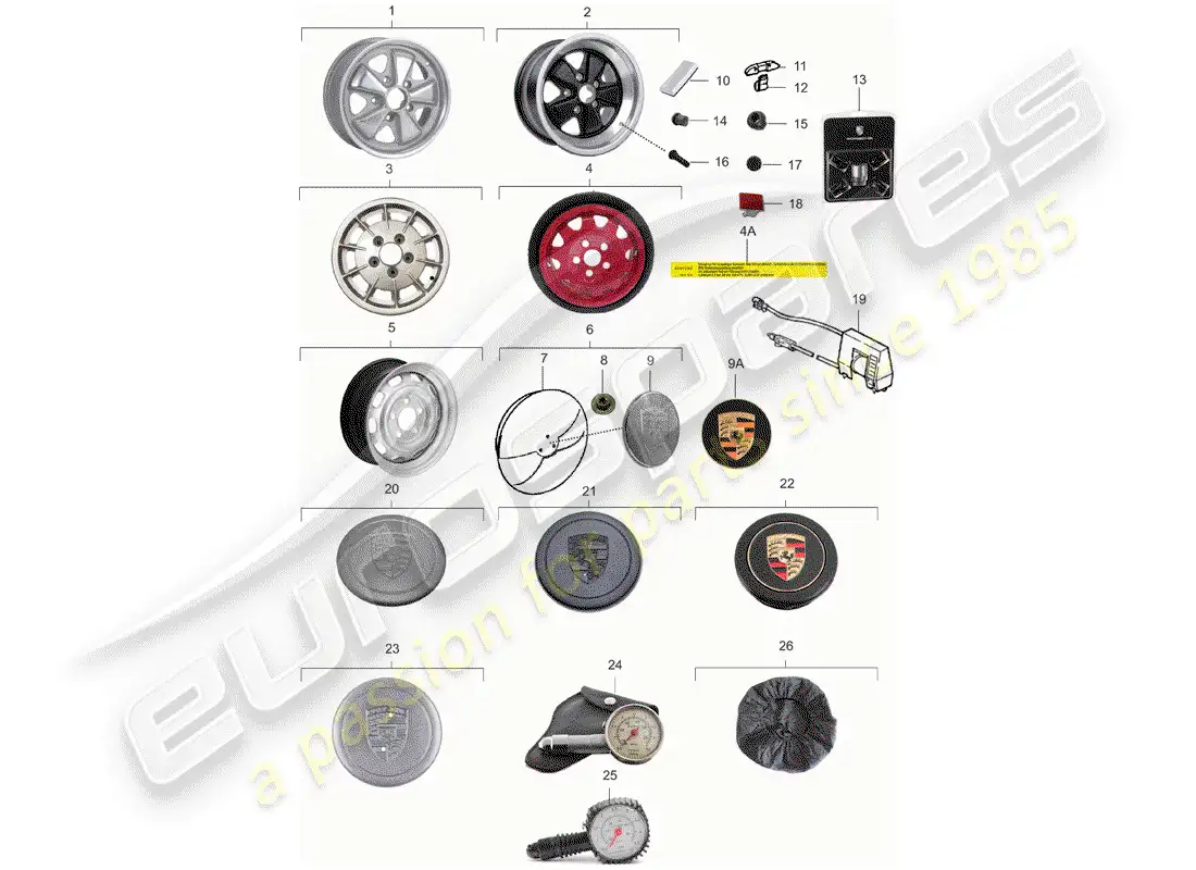 porsche 1972 (911) ruedas diagrama de piezas