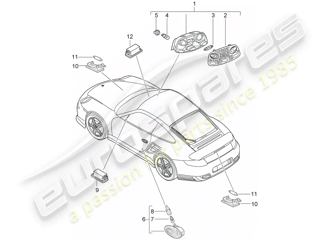 porsche 2011 (997-2 turbo / gt2 rs) diagrama de piezas de luces interiores